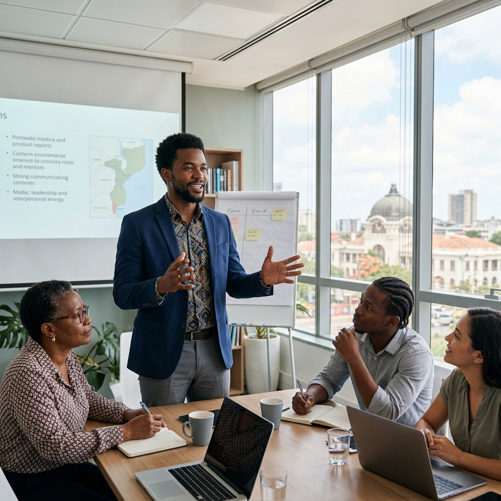 Young Mozambican professional presenting confidently to engaged colleagues in a meeting room