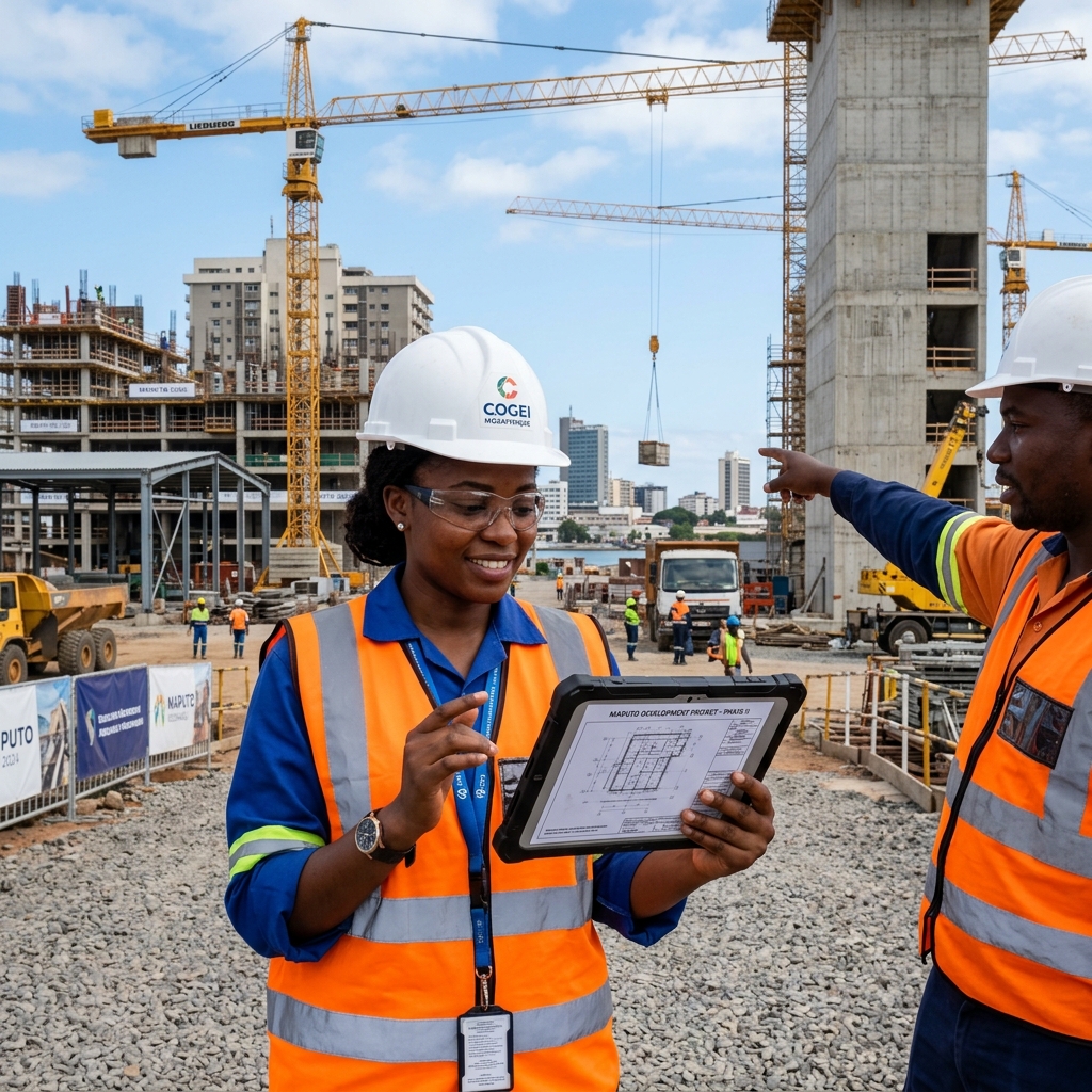 Female Mozambican engineer reviewing blueprints at a modern infrastructure construction site