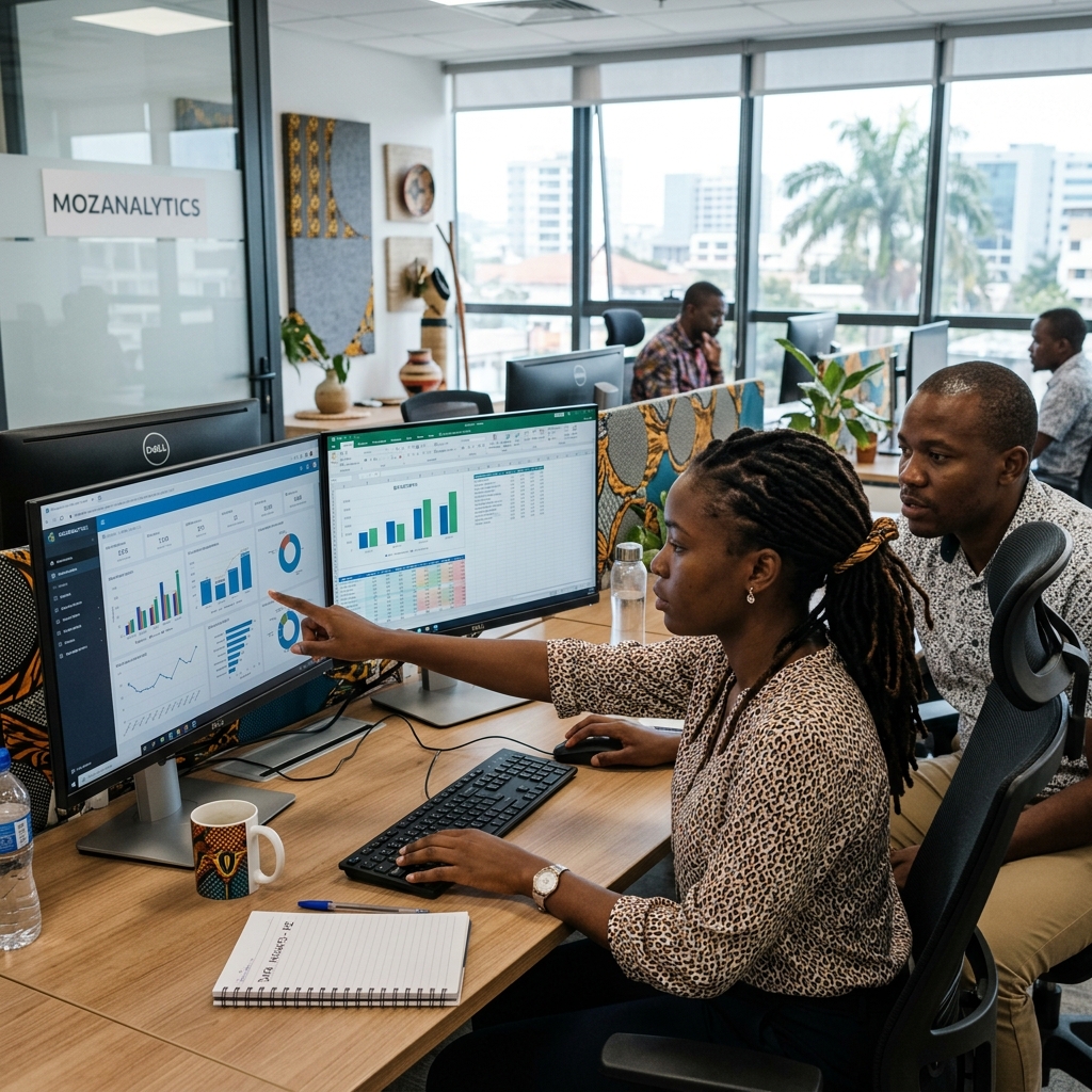 Mozambican professionals analyzing data on computer screens in a modern office