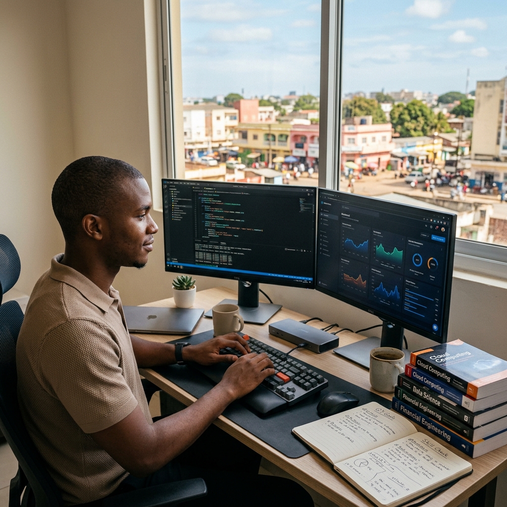 Young Mozambican man studying technology and career development at a modern home desk