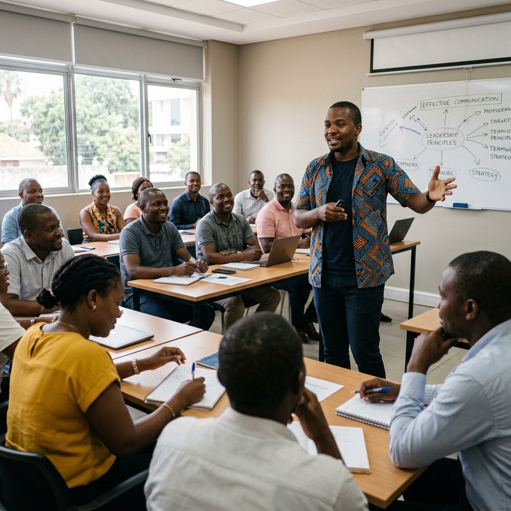 Young Mozambican man presenting to colleagues in training room developing professional soft skills and competências