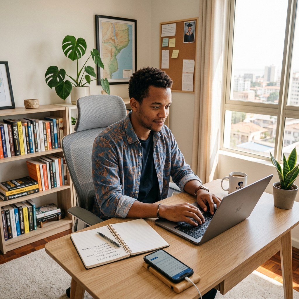 Young Mozambican man preparing professional profile and CV for high-demand careers