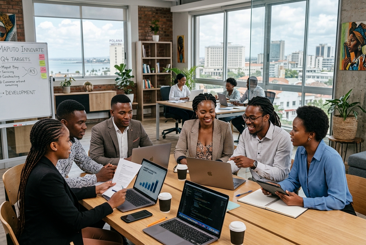 Young Mozambican professionals collaborating in a modern Maputo office workspace