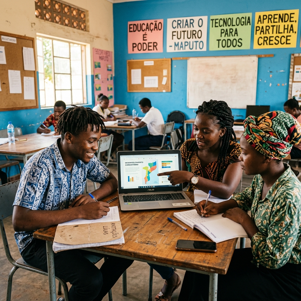 Mozambican young adults learning digital skills together at a community education center