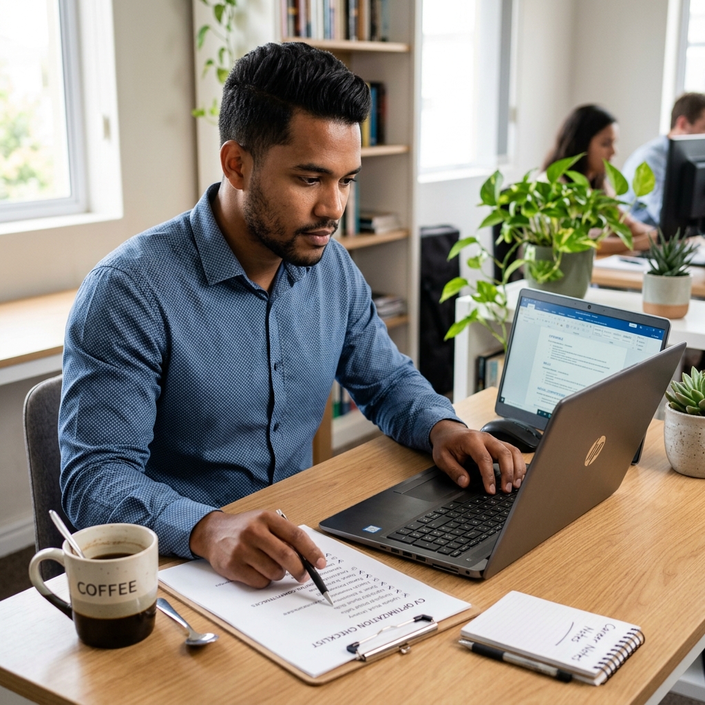 Mozambican professional updating his CV with digital skills at a clean home desk