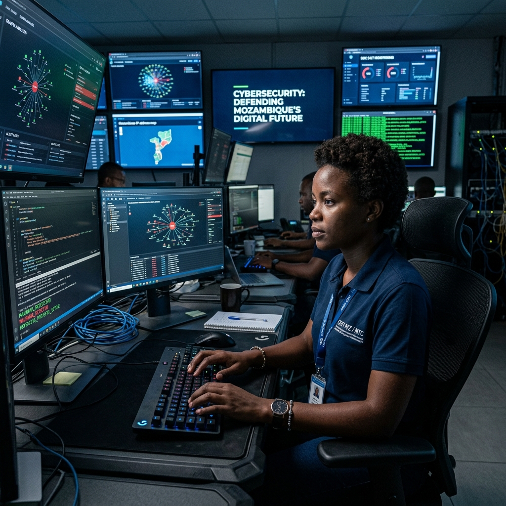 Mozambican cybersecurity expert protecting digital infrastructure against threats in a control room.