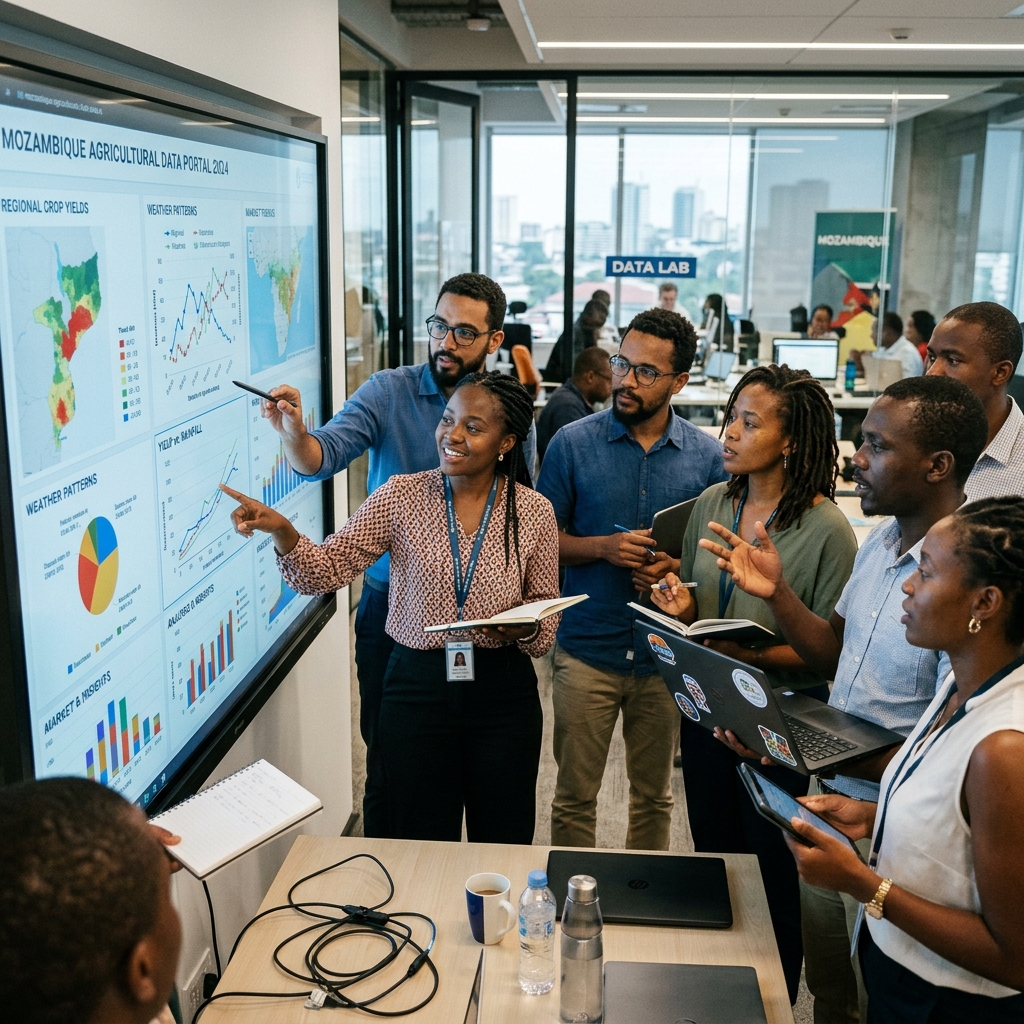 Data Analysis Collaboration Mozambican data analysts collaborating on complex data visualizations, highlighting essential digital skills.