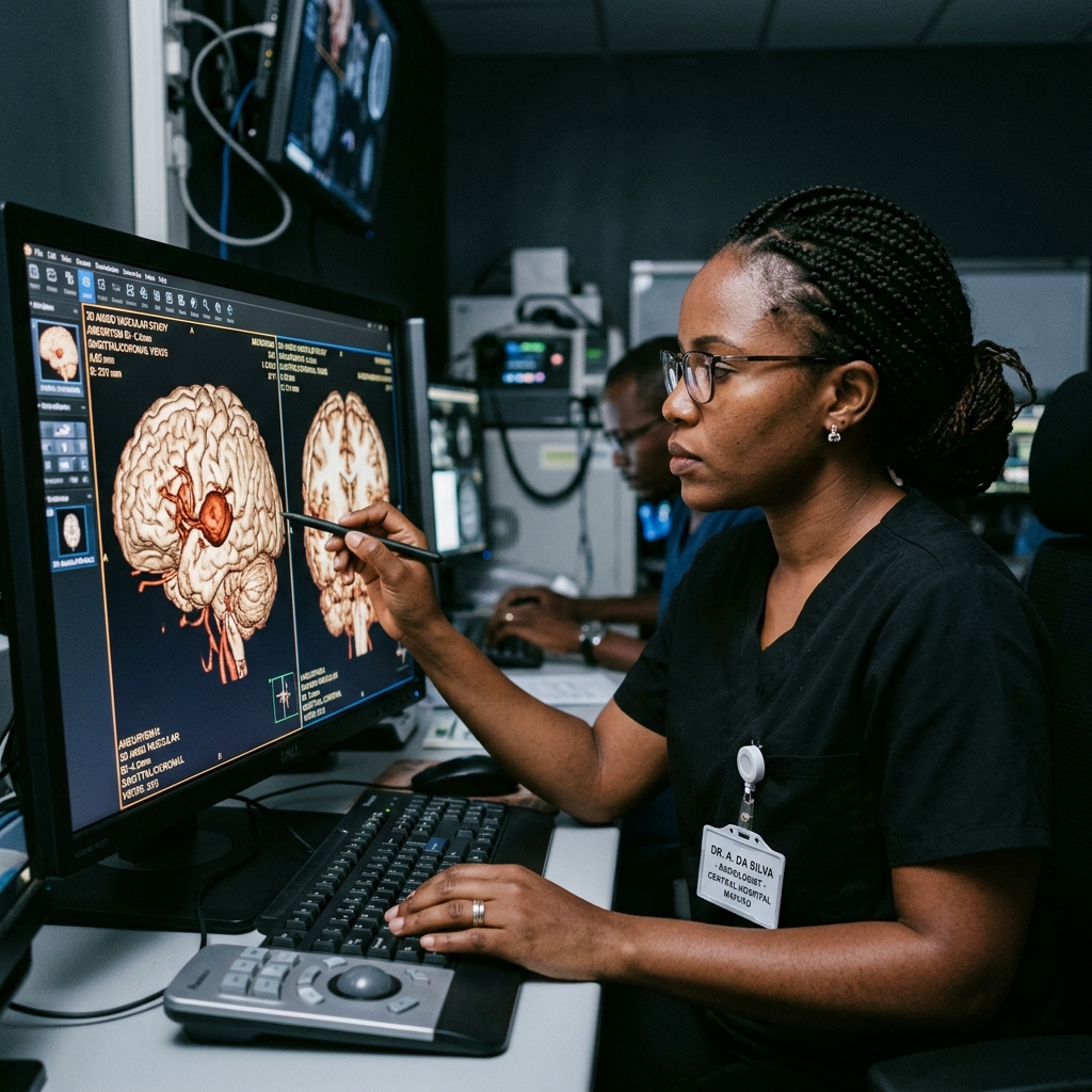 Mozambican radiologist analyzing advanced 3D medical scans with cutting-edge technology.