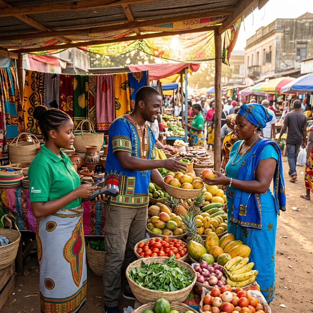 Mozambican small business owner selling local products at a vibrant city market
