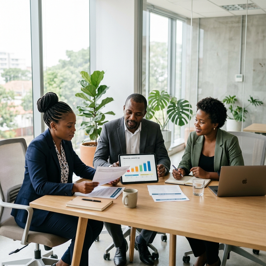 Mozambican entrepreneurs reviewing legal and financial documents to formalize their business